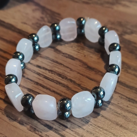 Clear Quartz Jewelry - Natural Hematite Bead Bracelet w/ Pink Crystal